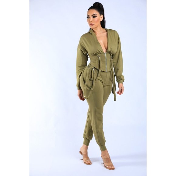 Women's Long Sleeve Zip-Up Strappy Terry Casual Hoodie Two-Piece Set Super Cute - Picture 4 of 12